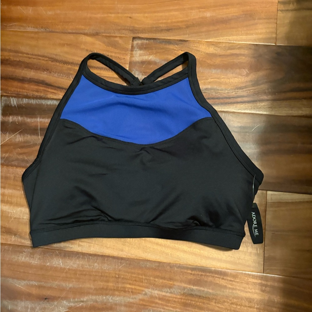 Adore Me Black &‎ Blue High Neck Sports Bra Size 1X Strappy Back NWT (0628)